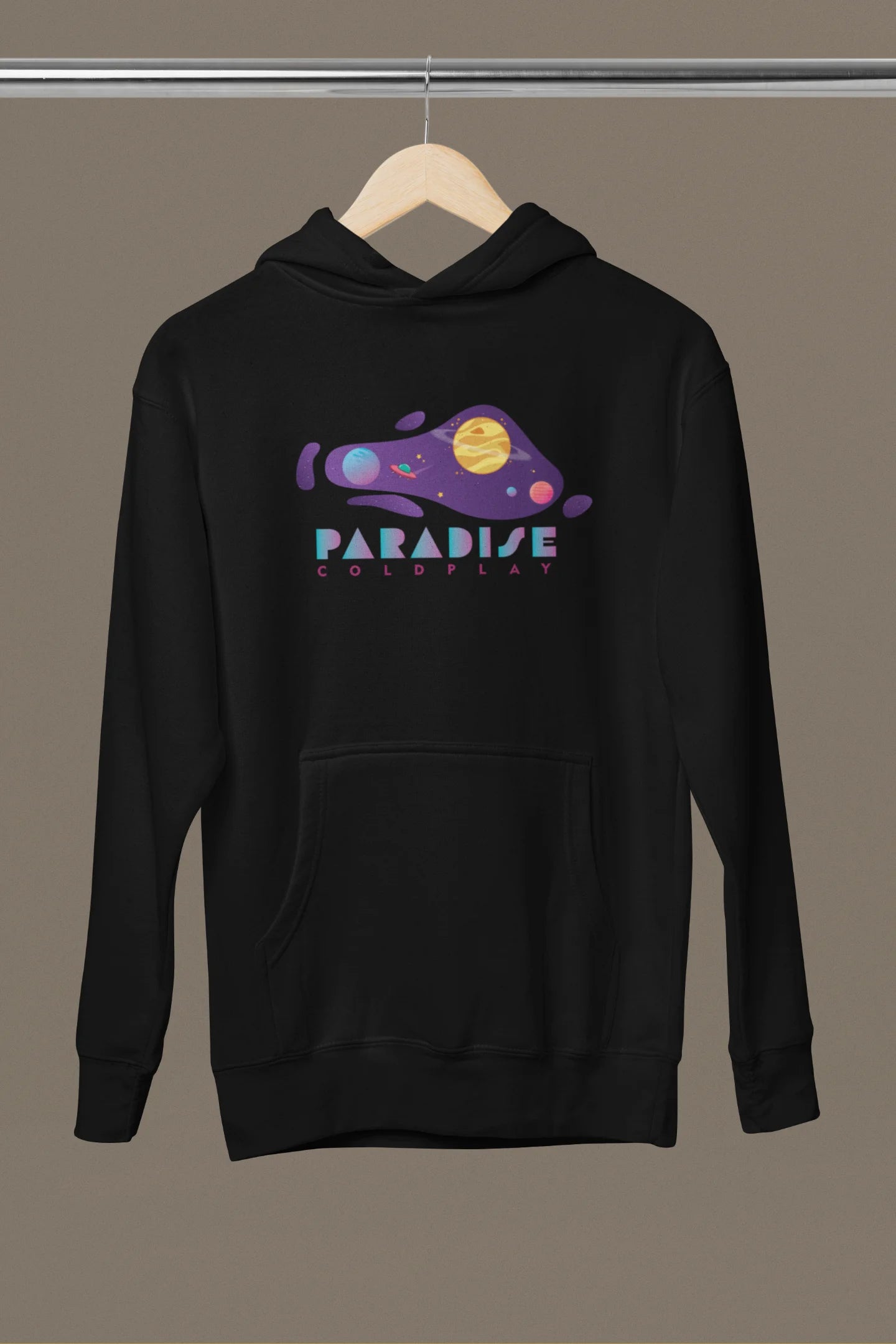 Front view of a black hoodie with the "Paradise" album artwork by Coldplay.