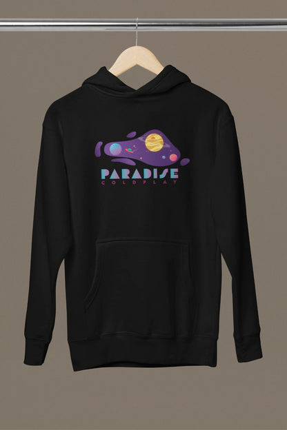 Front view of a black hoodie with the "Paradise" album artwork by Coldplay.