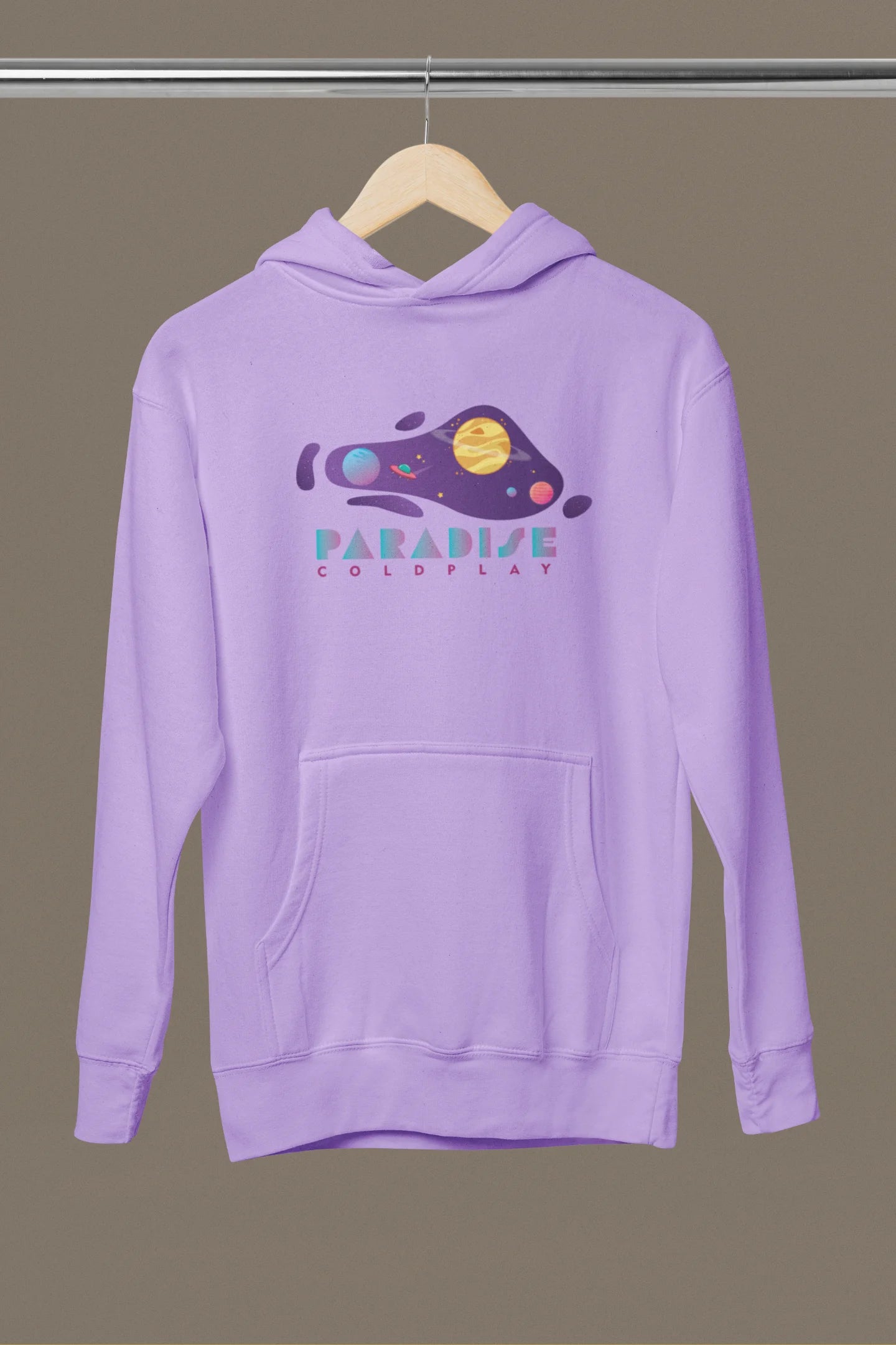 Front view of a lavender hoodie with the "Paradise" album artwork by Coldplay.