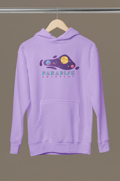 Front view of a lavender hoodie with the "Paradise" album artwork by Coldplay.
