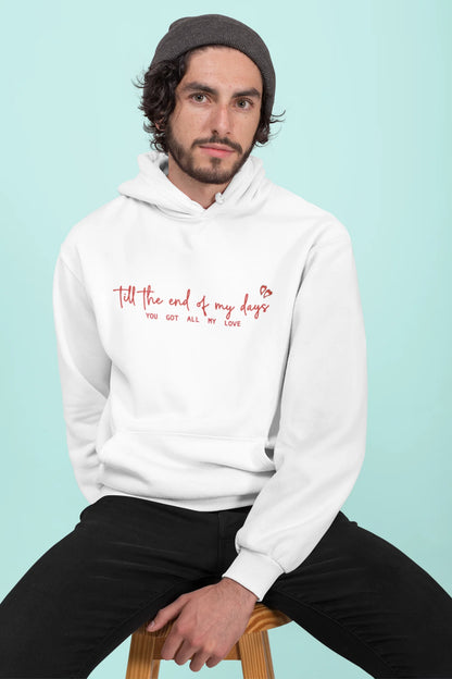 2nd front view of a male model wearing a off-white hoodie with a heart design and the text "All My Love".