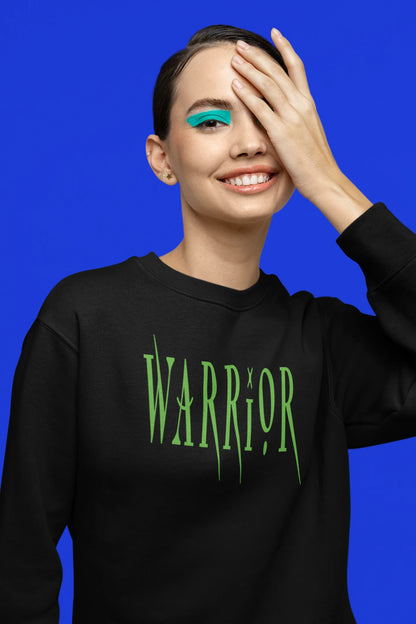 Third front view of a female model wearing a black sweatshirt with a brutalist warrior and horseback battle design.