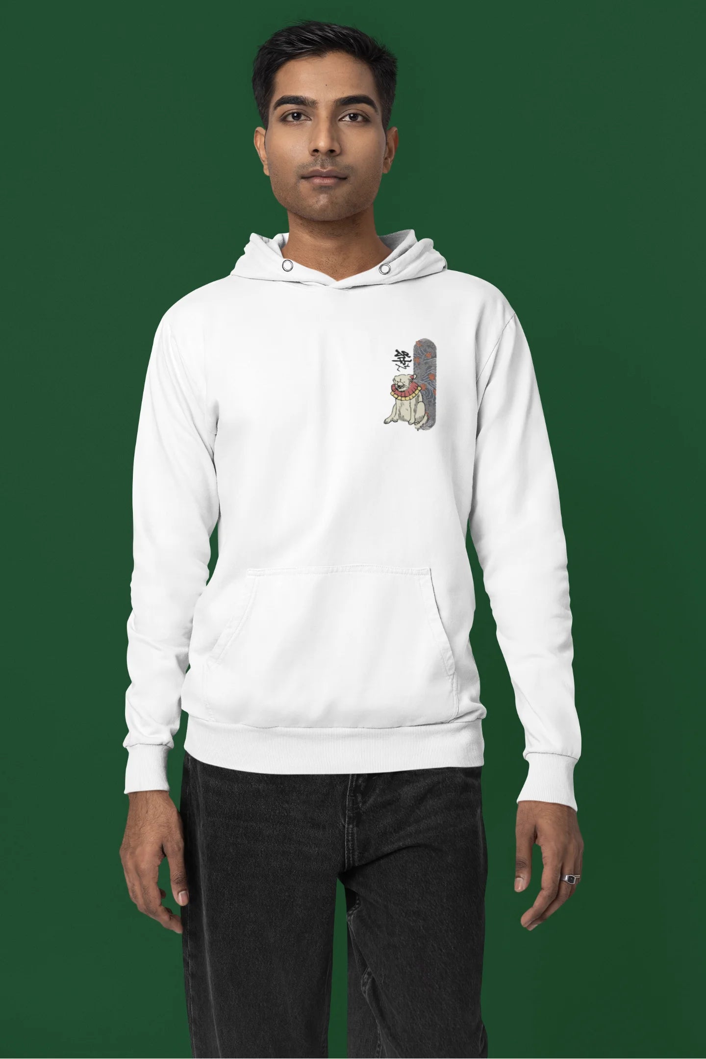 Third front view of a male model wearing a white hoodie with a design of a mythical Japanese dog.