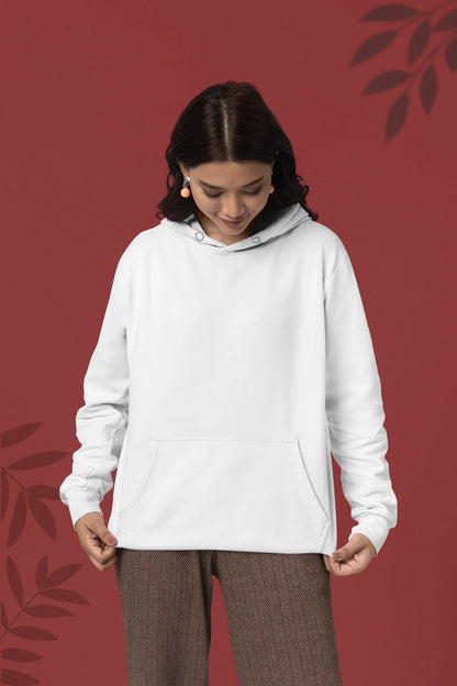 Second front view of a female model wearing a white hoodie with a design of a koi fish swimming in a bed of flowers.