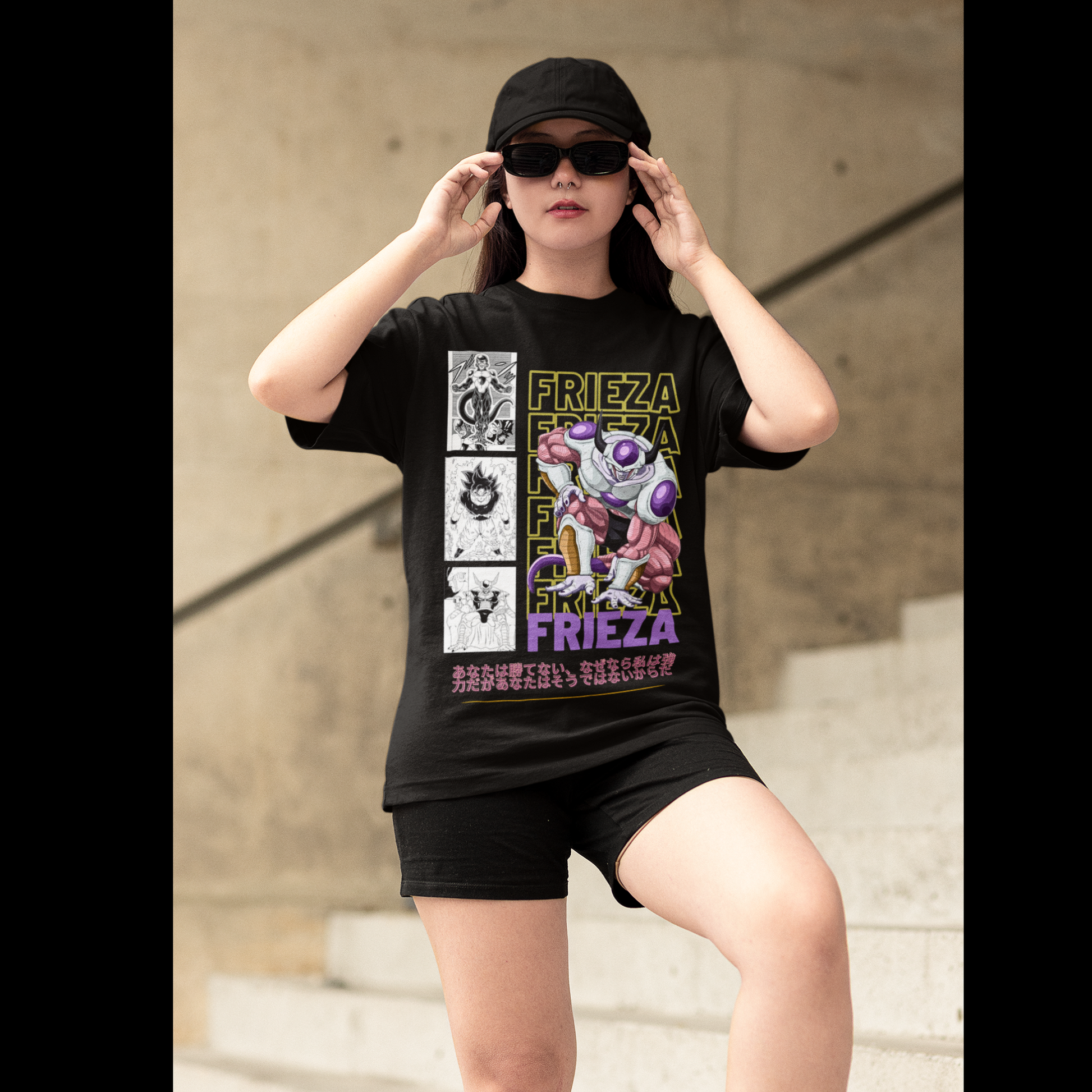 2nd front view of a female model wearing a black oversized t-shirt featuring Frieza from Dragon Ball Z with the text "Frieza."