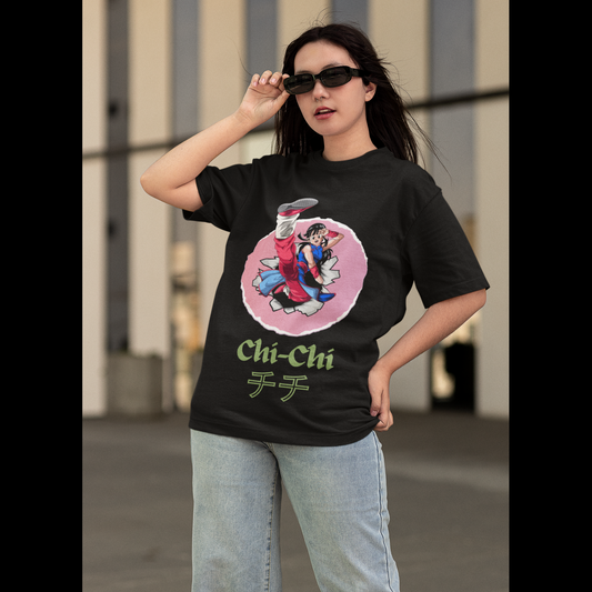 2nd front view of a female model wearing a black oversized t-shirt featuring Chi-Chi from Dragon Ball Z with the text "Chi-Chi."