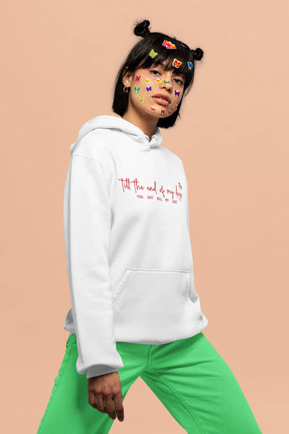 4th front view of a female model wearing a off-white hoodie with a heart design and the text "All My Love".