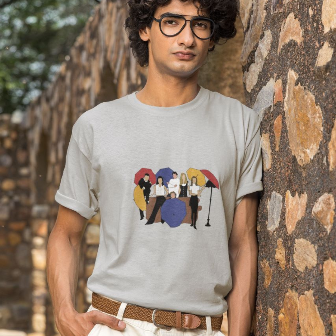 Male model wearing a grey regular-fit t-shirt featuring the iconic "I'll Be There For You" design from the F.R.I.E.N.D.S. TV series.