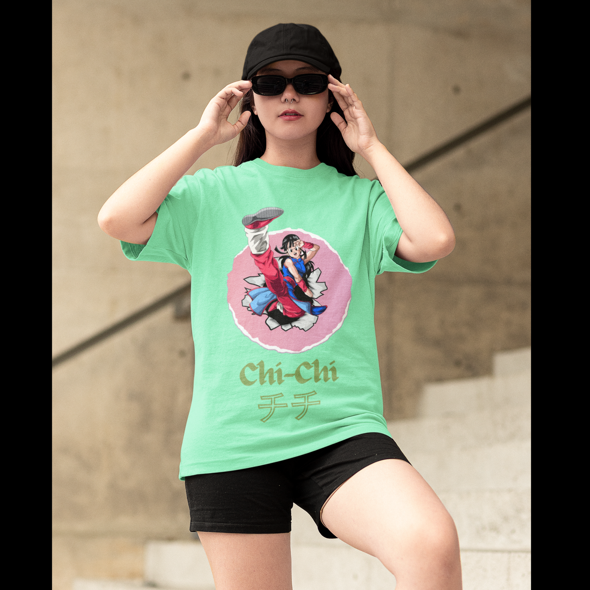 3rd front view of a female model wearing a mint green oversized t-shirt featuring Chi-Chi from Dragon Ball Z with the text "Chi-Chi."