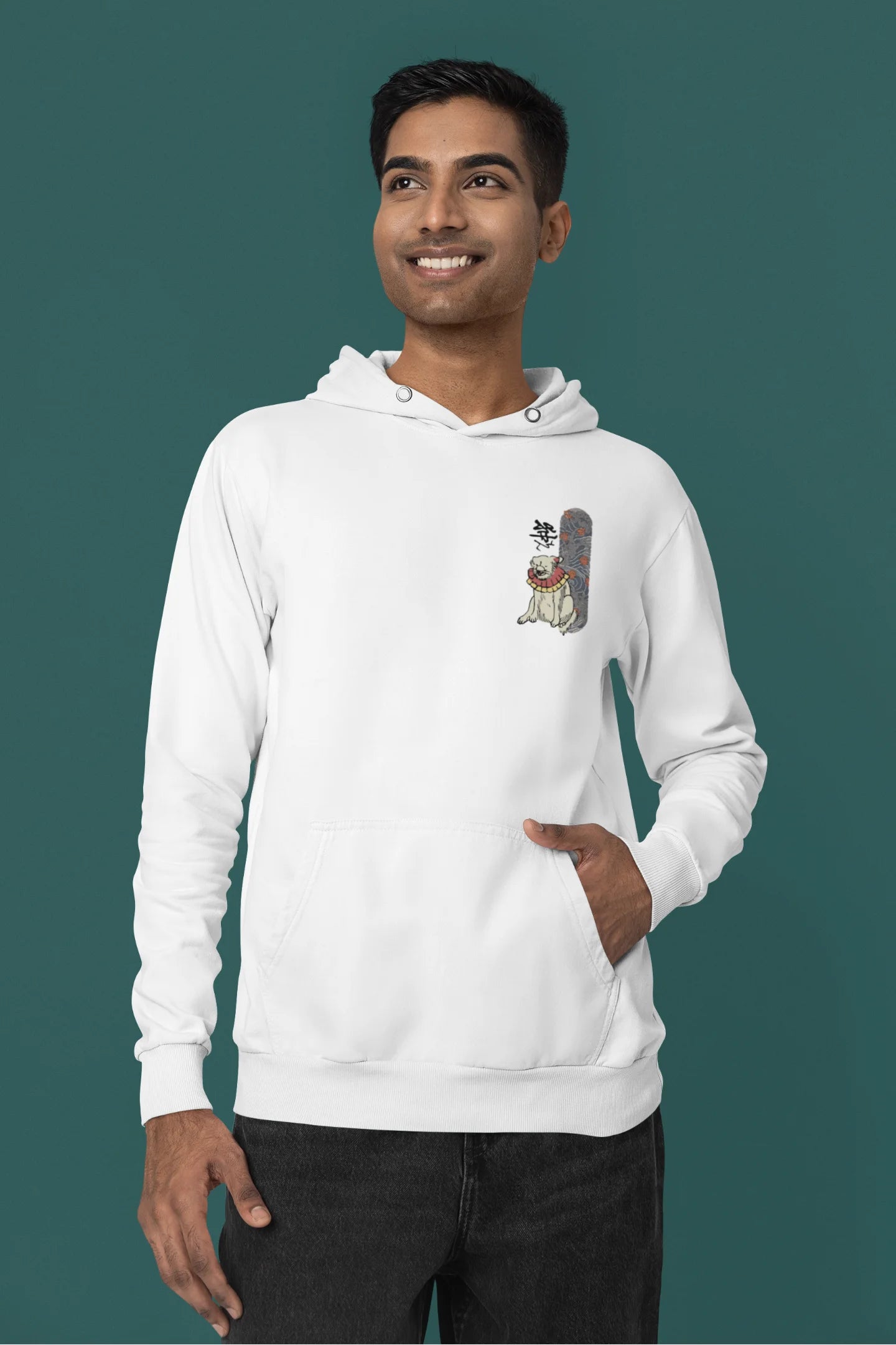 First front view of a male model wearing a white hoodie with a design of a mythical Japanese dog.