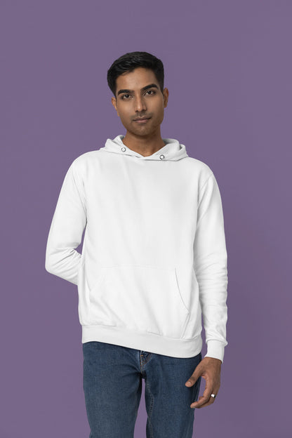 Third front view of a male model wearing a white hoodie with a Japanese art style tiger design.