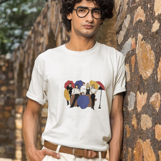 Male model wearing a white regular-fit t-shirt featuring the iconic "I'll Be There For You" design from the F.R.I.E.N.D.S. TV series.