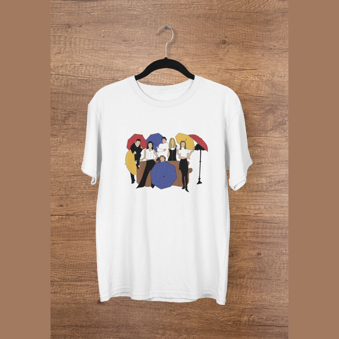 A white regular-fit t-shirt featuring the iconic "I'll Be There For You" design from the F.R.I.E.N.D.S. TV series.