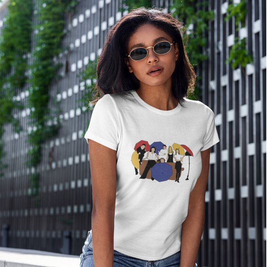 Female model wearing a white regular-fit t-shirt featuring the iconic "I'll Be There For You" design from the F.R.I.E.N.D.S. TV series.