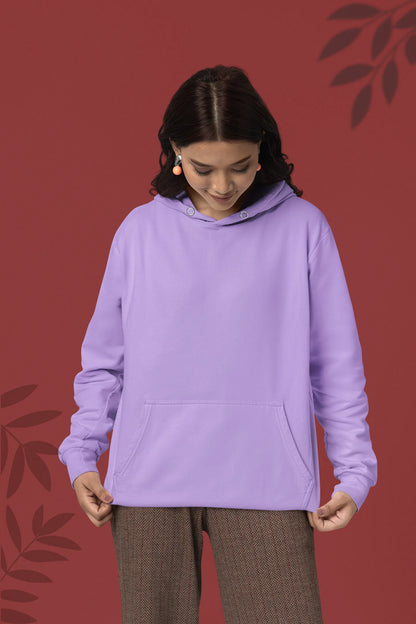Second front view of a female model wearing a lavender hoodie with a design of a koi fish swimming in a bed of flowers.