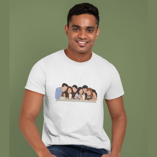 Front view of a male model wearing a white casual tee with Friends TV show inspired design featuring the central perk crew.