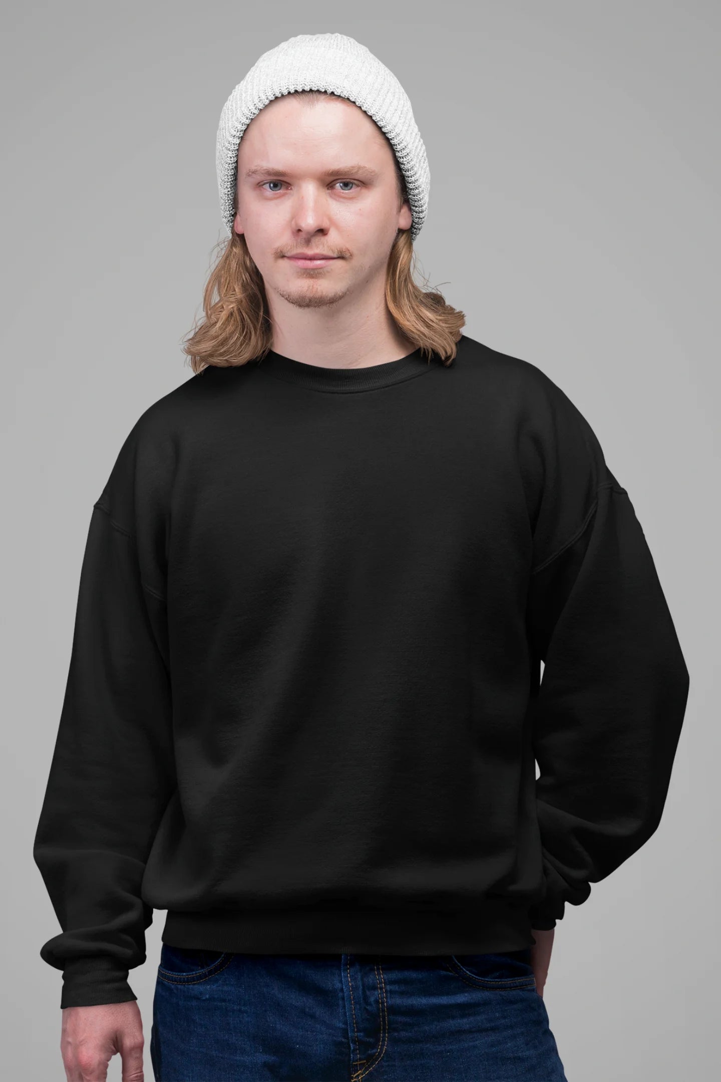 First front view of a male model wearing a black sweatshirt featuring a beautiful rose design with inspirational text, offering a calming and uplifting aesthetic.