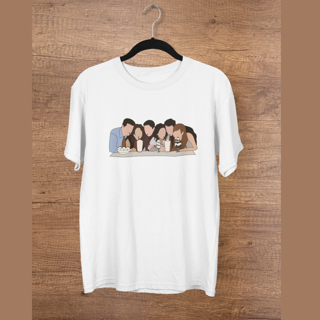 Front view of a white casual tee with Friends TV show inspired design featuring the central perk crew.