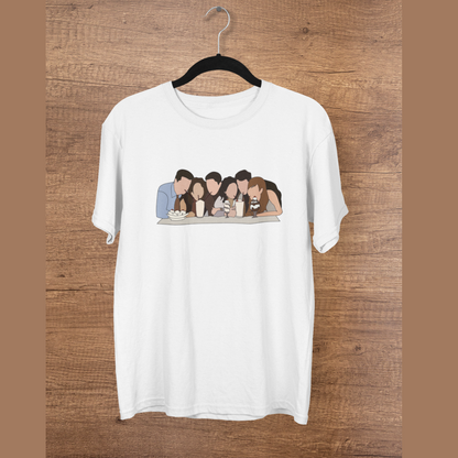 Front view of a white casual tee with Friends TV show inspired design featuring the central perk crew.