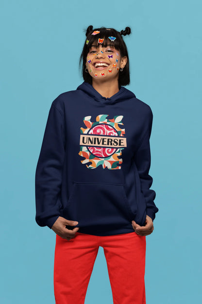 First front view of a female model wearing an royal blue hoodie with a cosmic Universe design inspired by Coldplay.