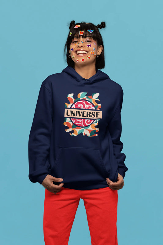 First front view of a female model wearing an royal blue hoodie with a cosmic Universe design inspired by Coldplay.