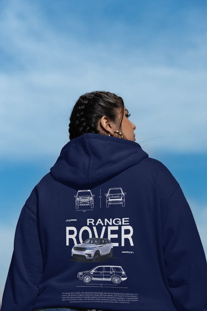 Back view of a female model wearing a navy blue hoodie featuring a Range Rover design, exuding power and ruggedness.