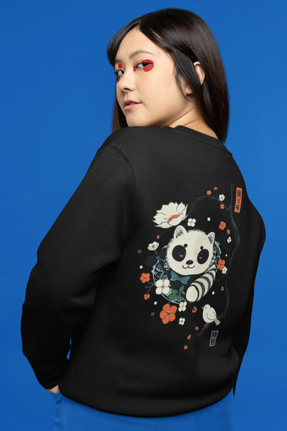 Back view of a female model wearing a black sweatshirt with a panda fox surrounded by bamboo.