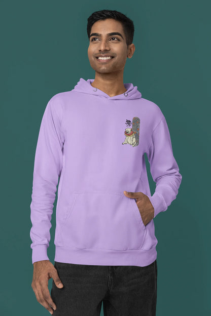 Third front view of a male model wearing a lavender hoodie with a design of a mythical Japanese dog.