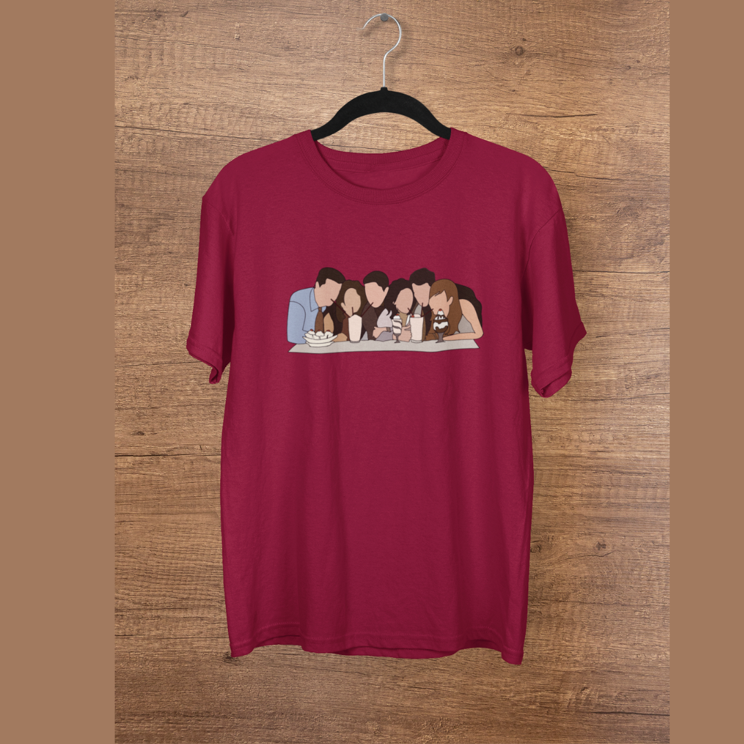 Front view of a maroon casual tee with Friends TV show inspired design featuring the central perk crew.