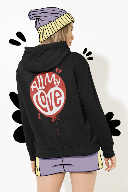 Back view of a female model wearing a black hoodie with a heart design and the text "All My Love".