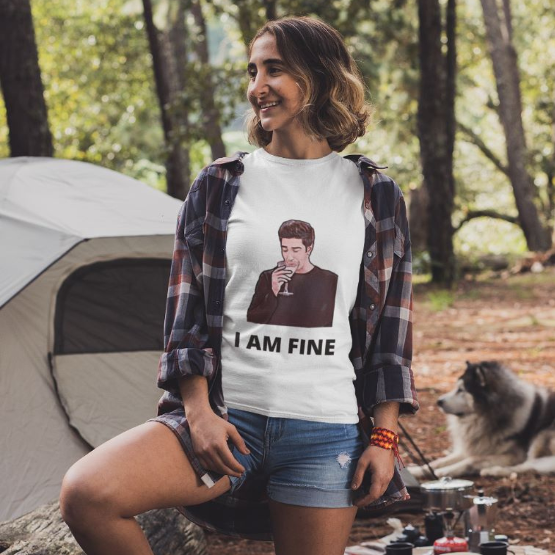 Front view of female model wearing a white casual t-shirt with F.R.I.E.N.D.S series inspired designs, embodying Ross's famous catchphrase 'I Am Fine'