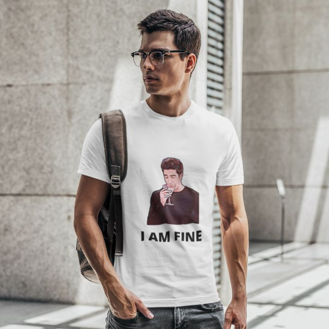 Front view of male model wearing a white casual t-shirt with F.R.I.E.N.D.S series inspired designs, embodying Ross's famous catchphrase 'I Am Fine'