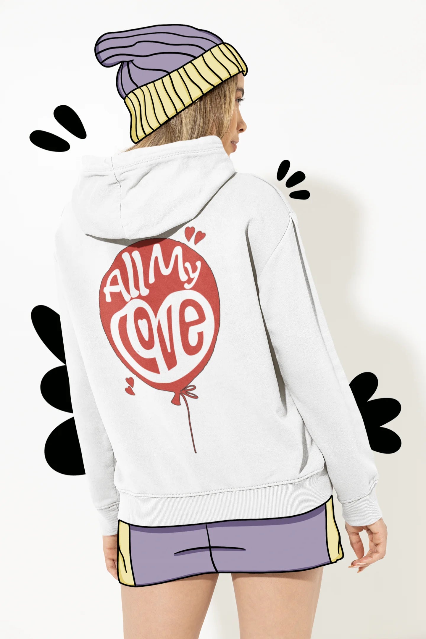 Back view of a female model wearing a off-white hoodie with a heart design and the text "All My Love".