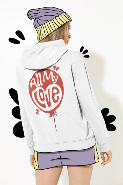 Back view of a female model wearing a off-white hoodie with a heart design and the text "All My Love".