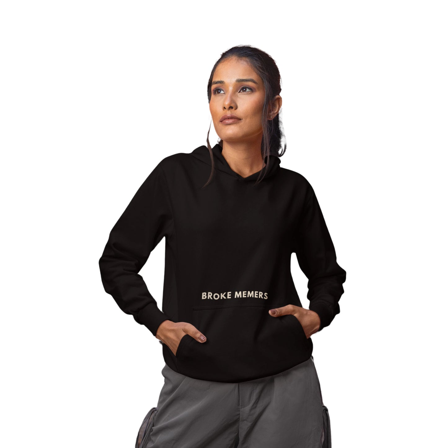Front view of a female model wearing a black hoodie with a Disney design featuring a muscular duck and the text "The Honk."