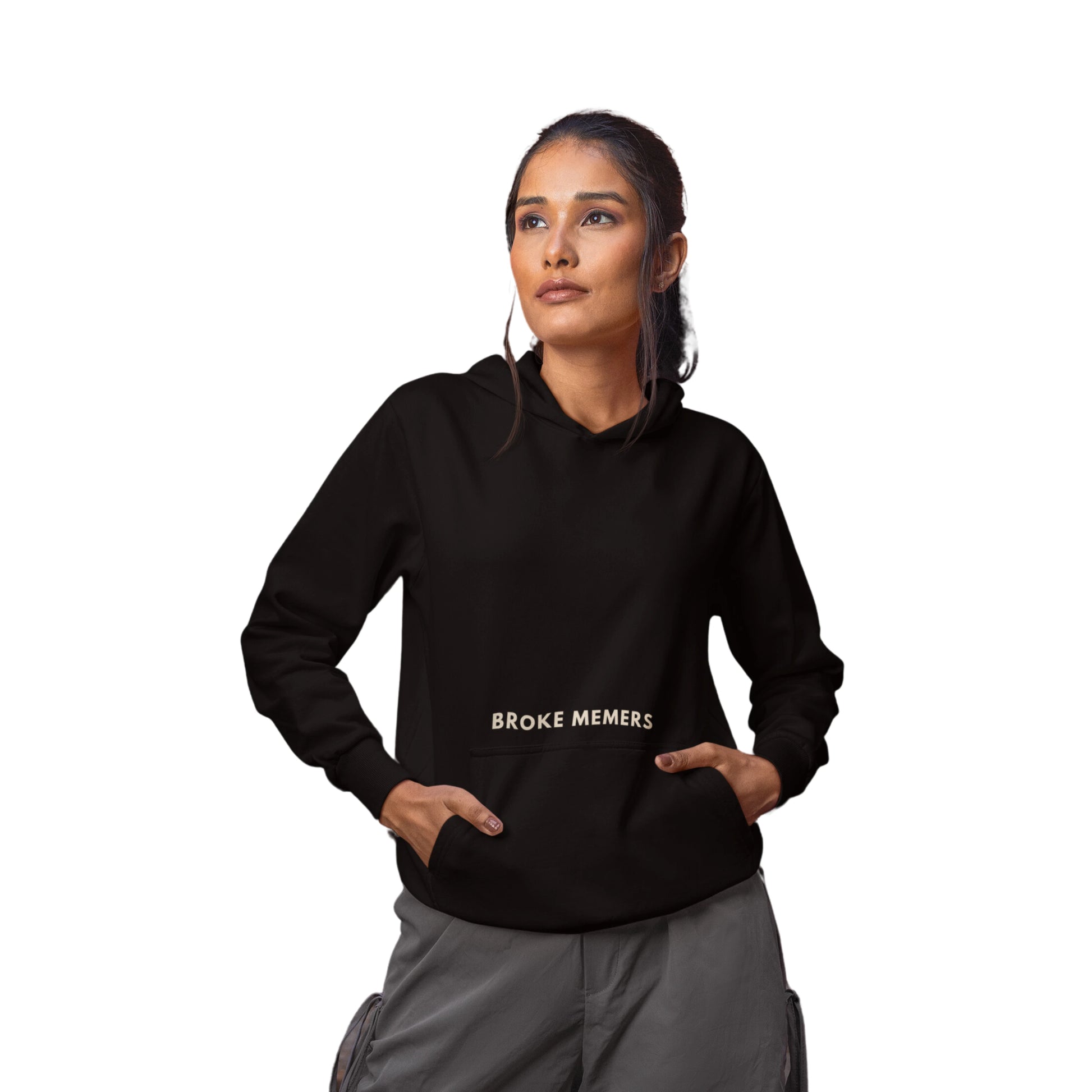 Front view of a female model wearing a black hoodie with a Disney design featuring a muscular duck and the text "The Honk."
