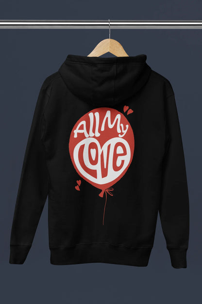 Back view of a black hoodie with a heart design and the text "All My Love".