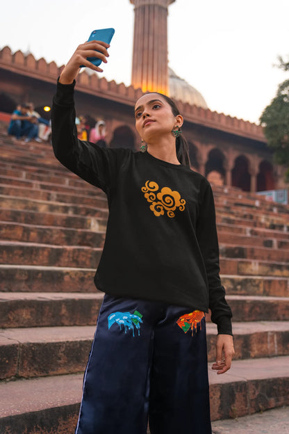 3rd front view of a female model wearing a black sweatshirt featuring "Bindass" in a stylish Hindi font.