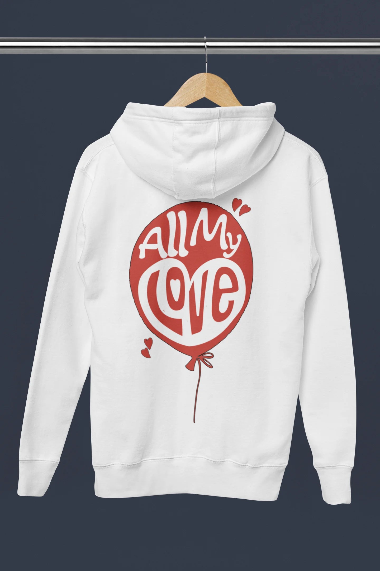 Back view of a off-white hoodie with a heart design and the text "All My Love".
