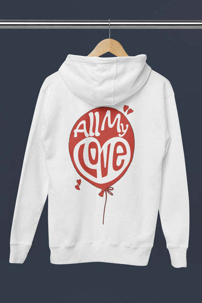 Back view of a off-white hoodie with a heart design and the text "All My Love".