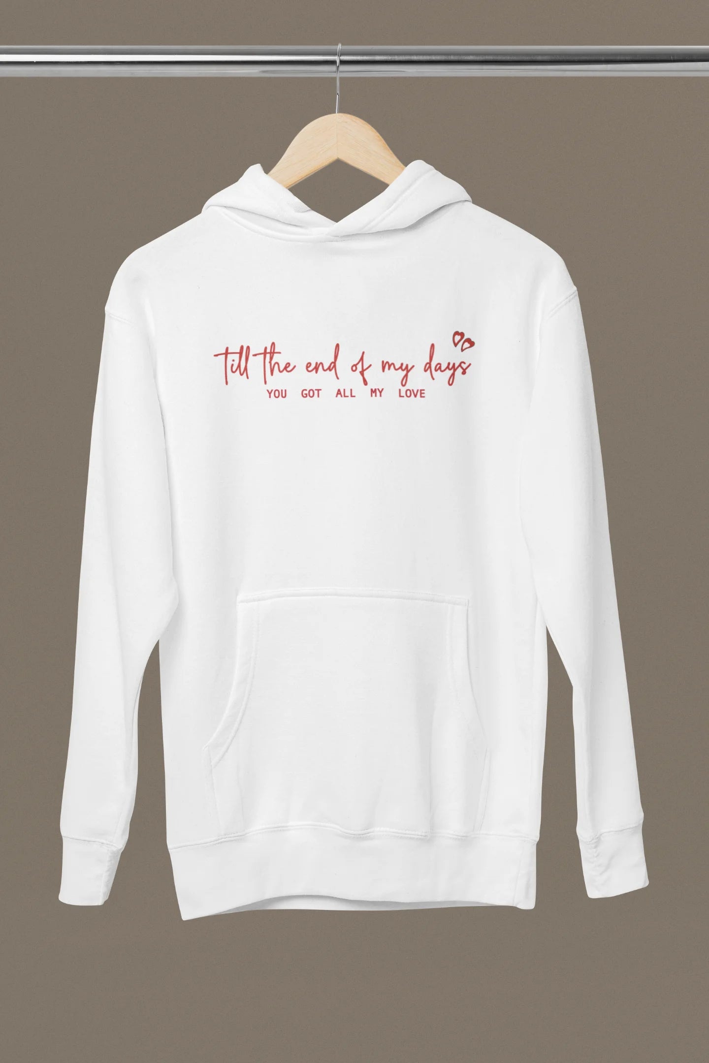 Front view of a off-white hoodie with a heart design and the text "All My Love".