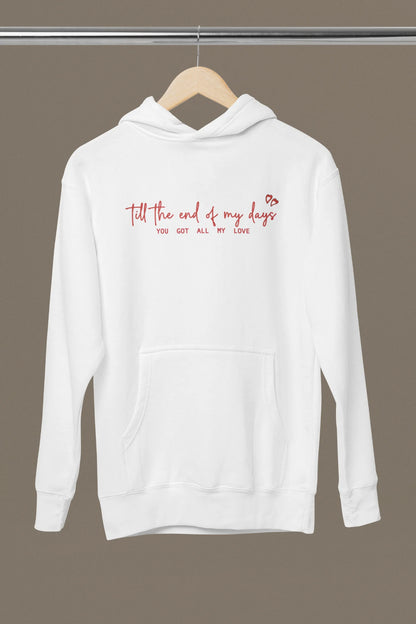 Front view of a off-white hoodie with a heart design and the text "All My Love".