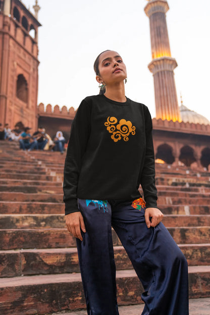 5th front view of a female model wearing a black sweatshirt featuring "Bindass" in a stylish Hindi font.