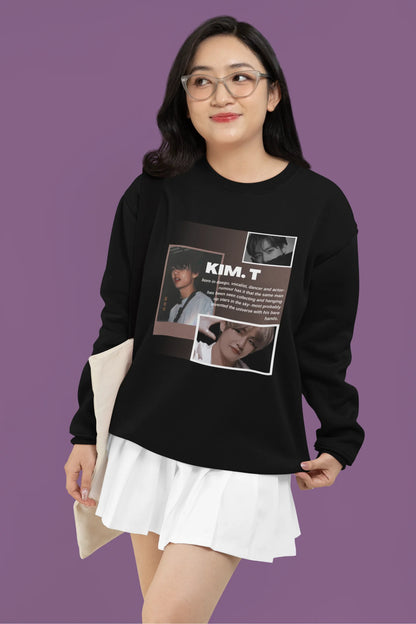 Second front view of female model wearing a black sweatshirt featuring a bold design inspired by BTS member Kim Taehyung (V). Ideal for BTS fans (ARMY) and K-Pop enthusiasts.