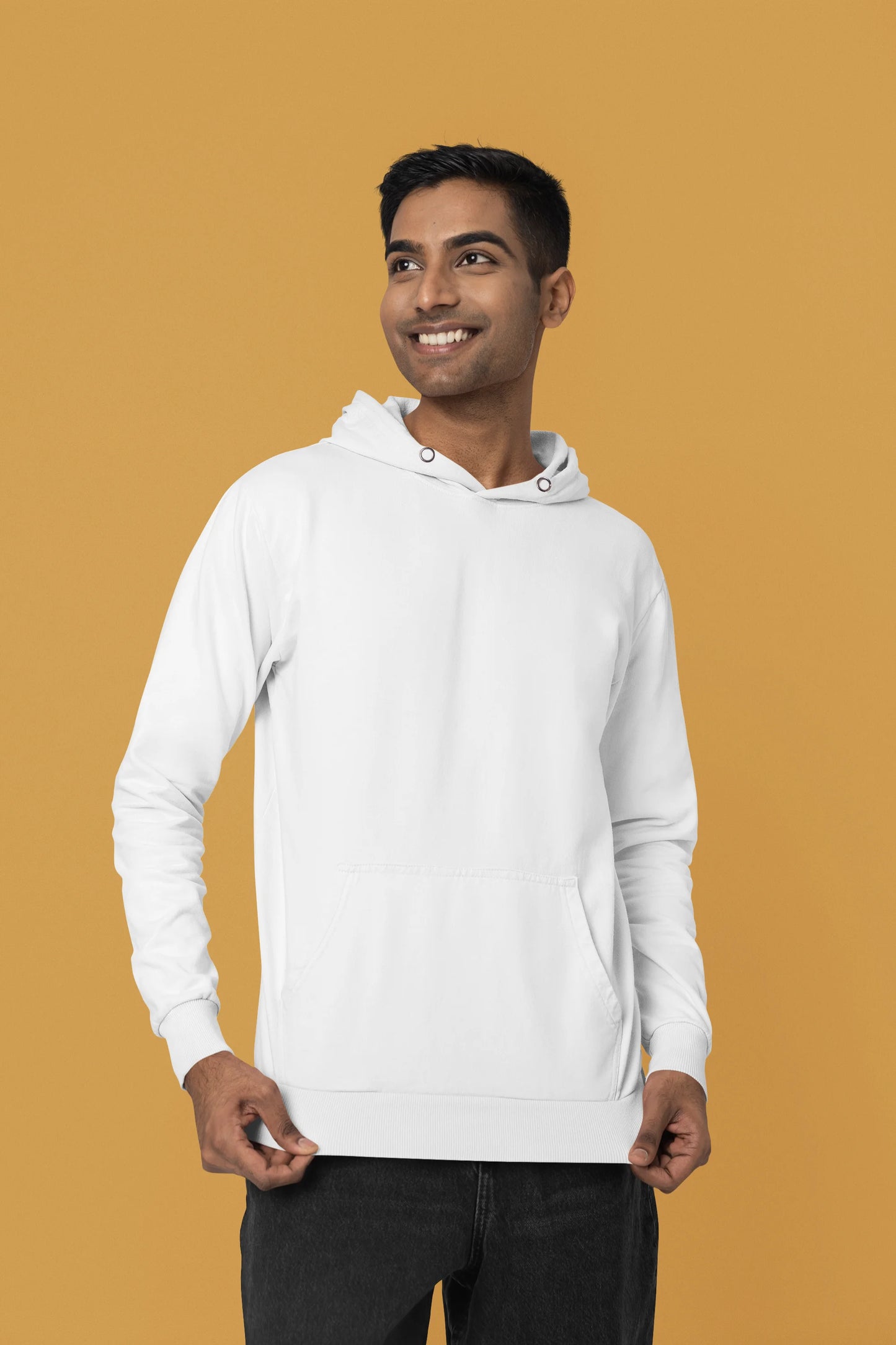 First front view of a male model wearing a white hoodie with a Japanese art style tiger design.