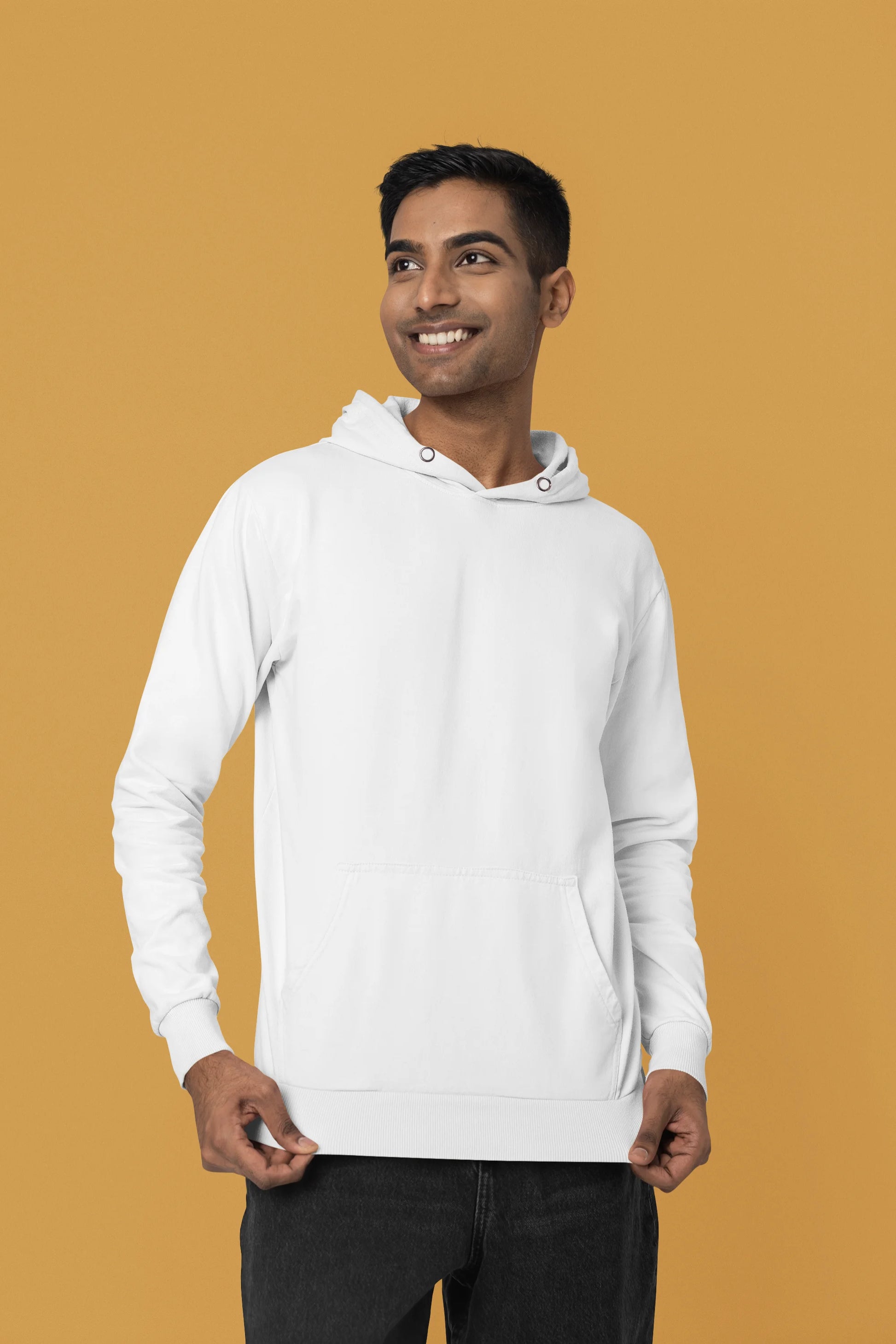 First front view of a male model wearing a white hoodie with a Japanese art style tiger design.