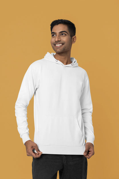 First front view of a male model wearing a white hoodie with a Japanese art style tiger design.