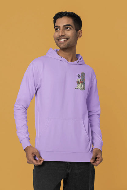 Fourth front view of a male model wearing a lavender hoodie with a design of a mythical Japanese dog.
