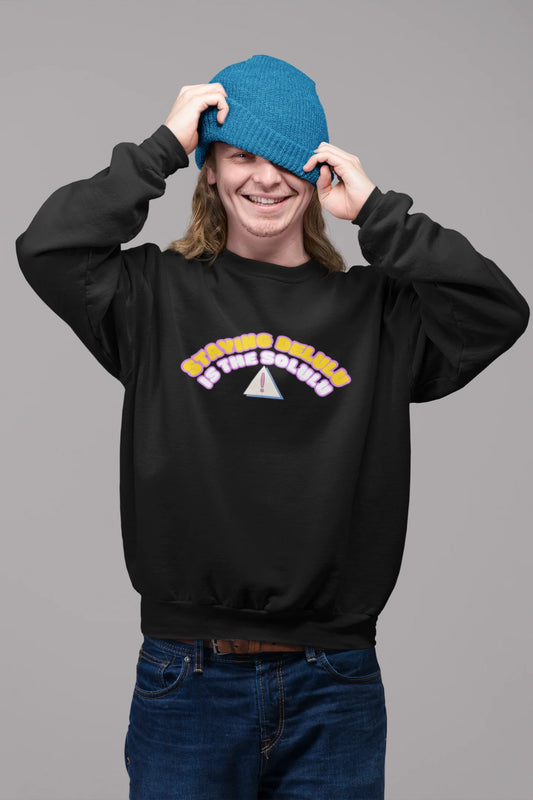 2nd front view of male model wearing a black sweatshirt with the hilarious message "Stay Delulu" in a bold design. Ideal for those who love trendy slang and lighthearted humor.