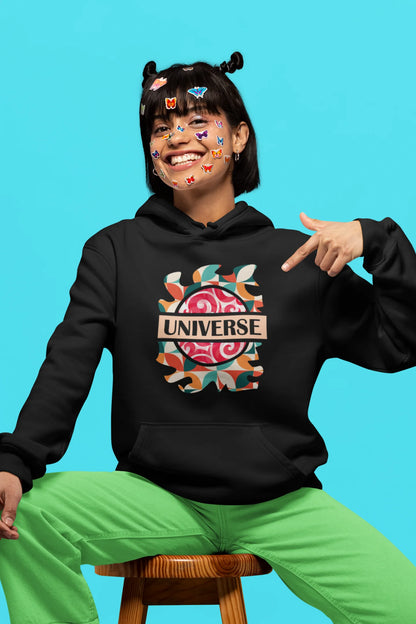 3rd front view of a female model wearing an black hoodie with a cosmic Universe design inspired by Coldplay.